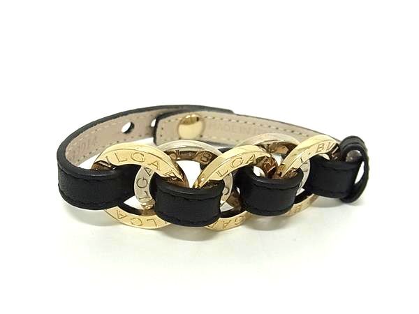 BVLGARI ブルガリ ブレスレット ドッピオトンド マルチチャーム 33914 ブラック レザー メタル レディース 美品【本物保証】