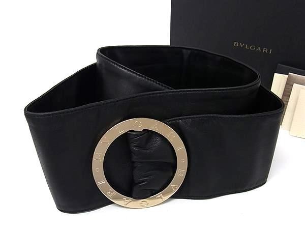 BVLGARI ブルガリ ベルト ブルガリブルガリ タンゴ TANGO ワイドサドルベルト ブラック系 レザー レディース サークル ロゴバックル ゴールド金具 超美品【本物保証】
