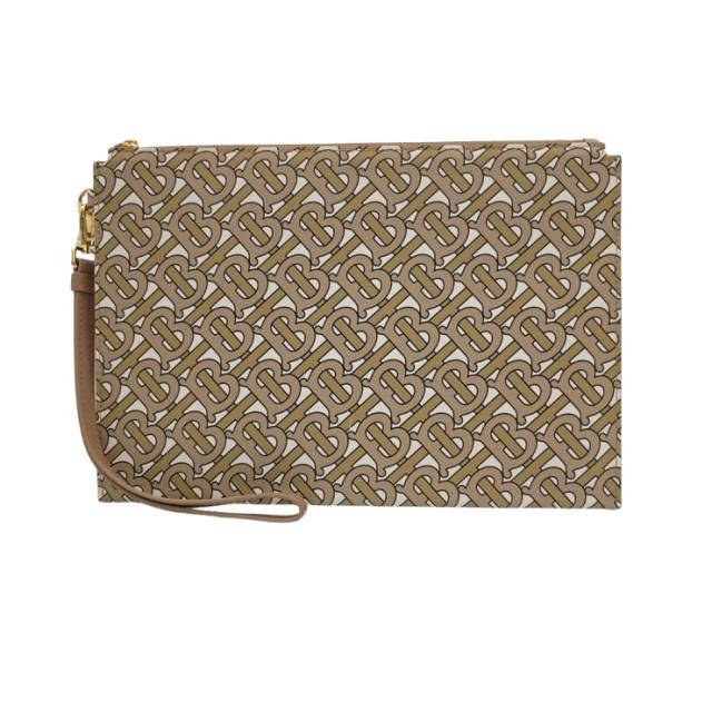 BURBERRY バーバリー セカンドバッグ モノグラムプリント Eキャンバス ストラップ クラッチバッグ 8014975 ベージュ系 Eキャンバス ユニセックス TBモノグラム リストレット ゴールド金具 美品【本物保証】