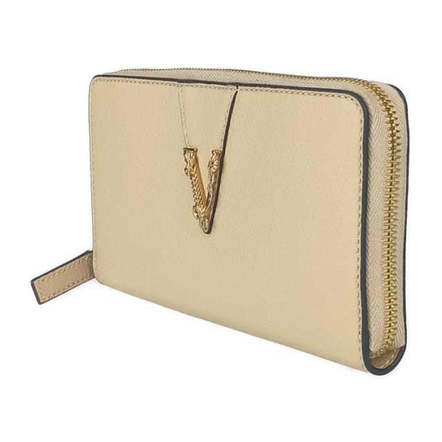 新品未使用展示品 VERSACE ヴェルサーチェ 財布 ヴィルトゥス ラウンドファスナー 長財布 1006263 ベージュ ゴールド金具 レザー レディース ヴェルサーチ レターV【本物保証】_1