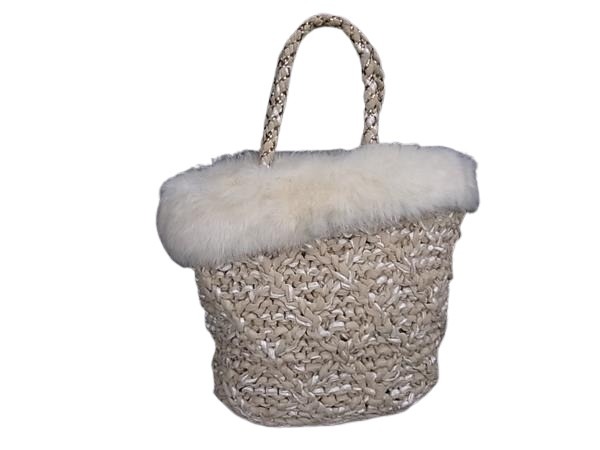 ANTEPRIMA MIST アンテプリマ ミスト ハンドバッグ ベージュ系×アイボリー系 ラビットファー×コットン×ストロー レディース 美品【本物保証】