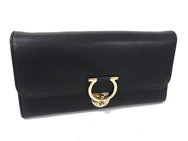 Salvatore Ferragamo フェラガモ 財布 ガンチーニ IY-22D184 ブラック レザー レディース 三つ折り長財布 ゴールド金具 美品【本物保証】