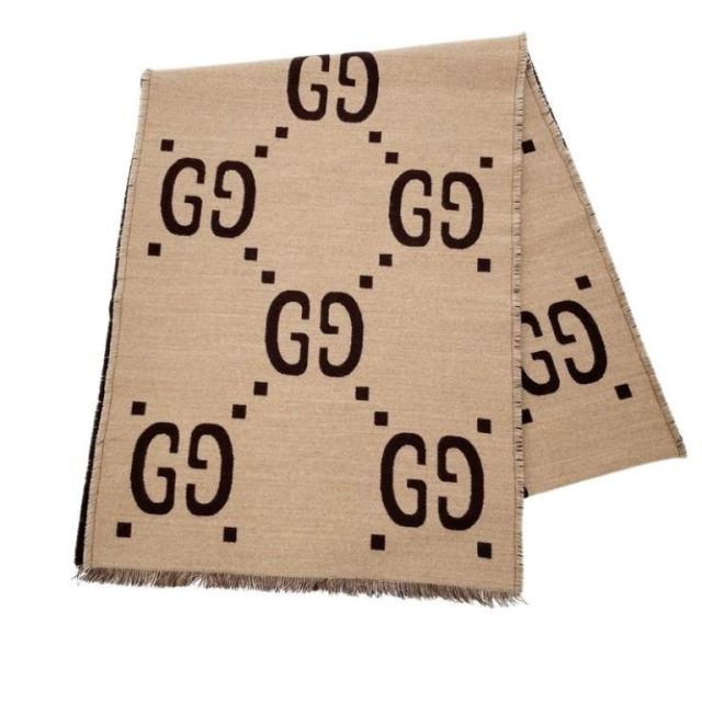 GUCCI グッチ スカーフ マフラー GGジャカード 495592 ブラウン ベージュ系 ウール 91%、シルク 9% ユニセックス 超美品【本物保証】