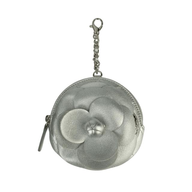 CHANEL シャネル ケース カメリア ジップ パース AP2125 シルバー ラムスキン レディース 小銭入れ マトラッセ キルティング 美品【本物保証】