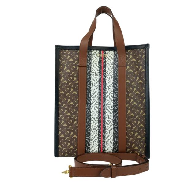 BURBERRY バーバリー トートバッグ スモール モノグラムストライプ Eキャンバス ポートレート 8024294 ブライドルブラウン コーティングキャンバス×レザー ユニセックス 2WAY ゴールド金具【本物保証】