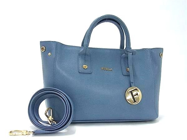 FURLA フルラ ハンドバッグ リンダ G6846 ブルーグレー系 レザー レディース 2WAY ゴールド金具 美品【本物保証】