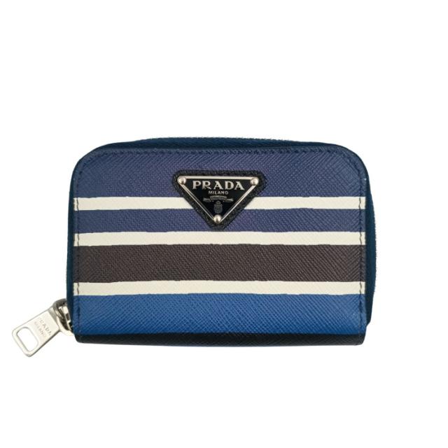 PRADA プラダ コインケース トライアングルロゴ 2MM003 ブルー ブラック ホワイト系 SAFFIANO BAIADE ユニセックス ラウンドファスナー シルバー金具 ストライプ 三角ロゴ 超美品【本物保証】