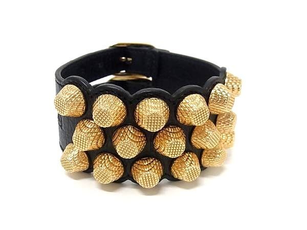 BALENCIAGA バレンシアガ ブレスレット ジャイアント ダブルストラップ ブラック ゴールド系 レザー メタル レディース スタッズ 美品【本物保証】