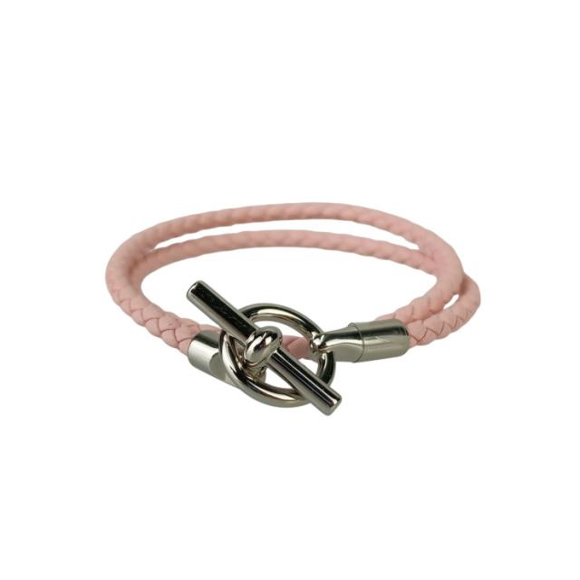 HERMES エルメス ブレスレット グレナン ピンク レザー レディース ドゥブルトゥール 編込み シルバー金具 超美品【本物保証】