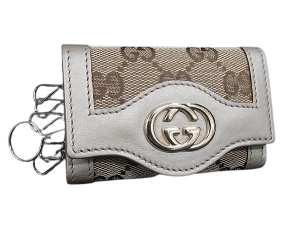 GUCCI グッチ キーケース インターロッキングG 282432 ベージュ ゴールド系 GGキャンバス×レザー ユニセックス 6連 ゴールド金具 美品【本物保証】