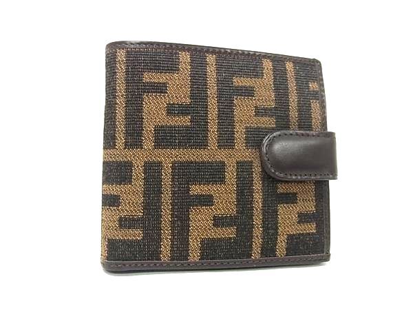 FENDI フェンディ 財布 ズッカ 0715814/0012 ブラウン ブラック キャンバス レザー ユニセックス 二つ折り 財布 美品【本物保証】