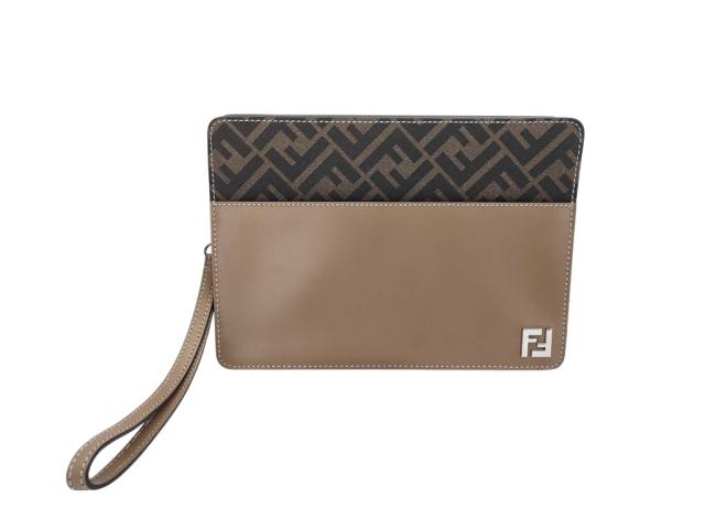 FENDI フェンディ クラッチバッグ ズッカ 7N0145 ブラウン PVC レザー メンズ シルバー金具 美品【本物保証】