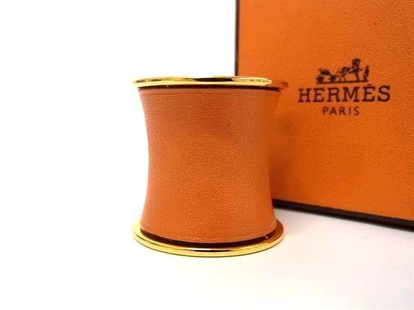 HERMES エルメス スカーフリング オレンジ ゴールド レザー メタル レディース 美品【本物保証】