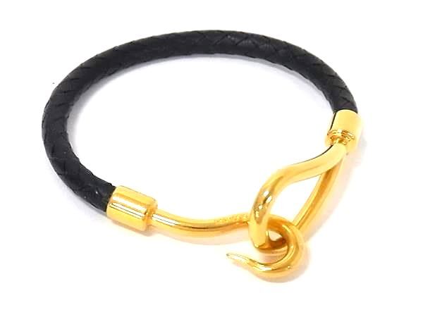 HERMES エルメス ブレスレット ジャンボ ブラック レザー ユニセックス 編み込み ゴールド金具 美品【本物保証】