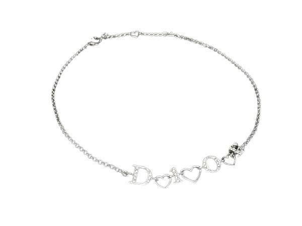 ChristianDior クリスチャンディオール ネックレス シルバー メタル レディース ラインストーン ロゴ ハート 美品【本物保証】