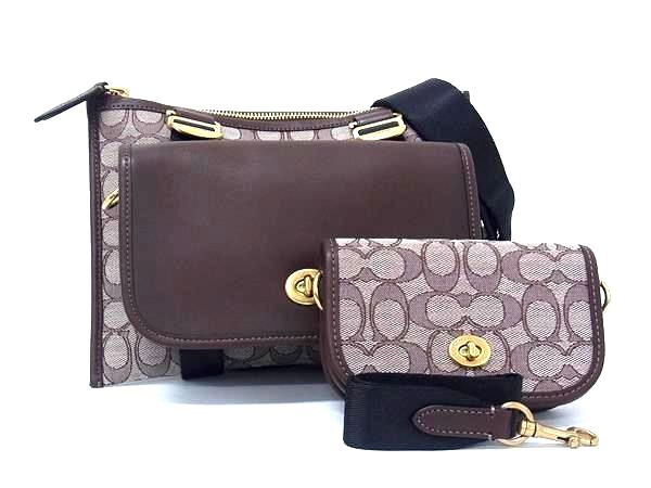 COACH コーチ ショルダーバッグ マルチファンクション クロスボディ ウィズ ディンキー C2613 ブラウン系 シグネチャージャカード レザー ユニセックス ゴールド金具 美品【本物保証】