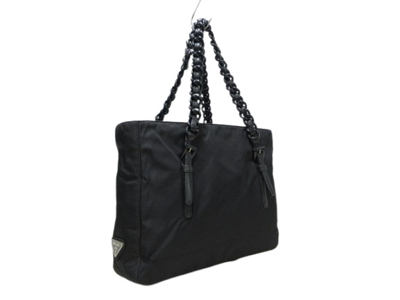 美品 PRADA プラダ ハンドバッグ テスート - ブラック ナイロン×レザー レディース プラチェーン 三角ロゴプレート トライアングルロゴ シルバー金具 白タグ【本物保証】_1