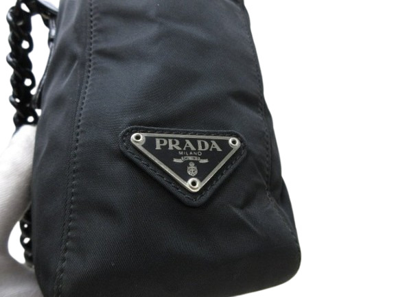 美品 PRADA プラダ ハンドバッグ テスート - ブラック ナイロン×レザー レディース プラチェーン 三角ロゴプレート トライアングルロゴ シルバー金具 白タグ【本物保証】_4
