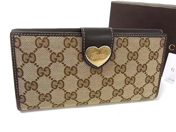 GUCCI グッチ 財布 GGキャンバス 203550 ブラウン キャンバス×レザー レディース ハート Wホック 二つ折り 長財布 ゴールド金具【本物保証】