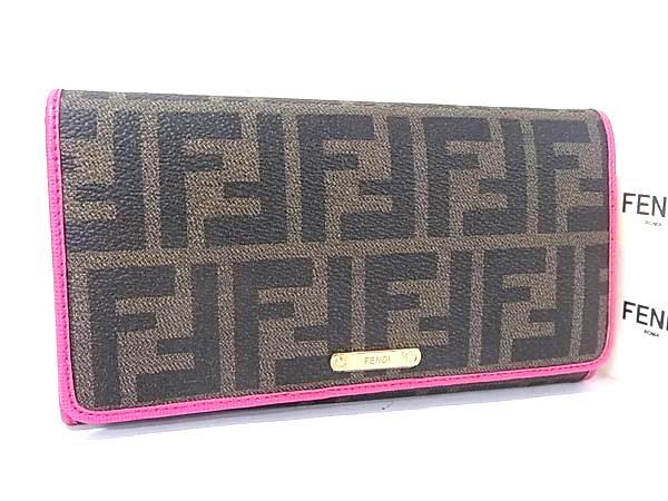 FENDI フェンディ 財布 ズッカ 8M0298 ブラウン ピンク PVC レザー レディース 二つ折り 長財布 超美品【本物保証】