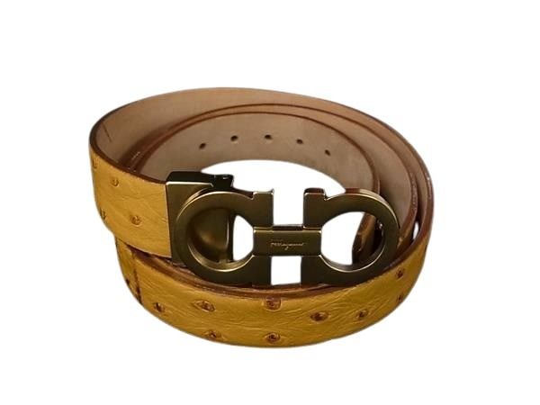 Salvatore Ferragamo フェラガモ ベルト ダブルガンチーニ 23 4120 イエロー オーストリッチ レディース ゴールド金具【本物保証】