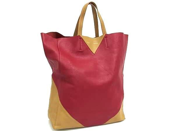 CELINE セリーヌ トートバッグ CABAS カバス 16440 レッド系×ベージュ系 レザー レディース バイカラー 美品【本物保証】
