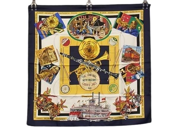 HERMES エルメス スカーフ カレ90 マルチカラー シルク100% レディース THE ORLEANS NEWORIGINAL CREOLE JAZZ 1923 美品【本物保証】