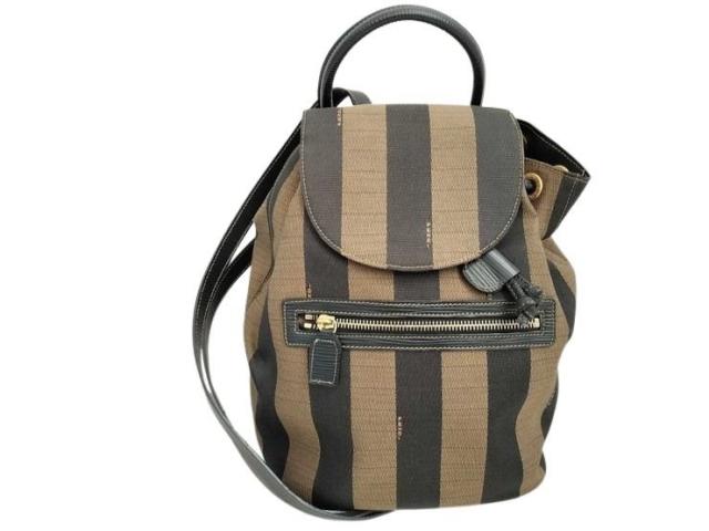 FENDI フェンディ リュックサック ペカン 26324 ブラウン レザー キャンバス レディース ゴールド金具【本物保証】