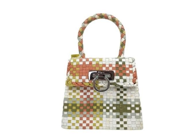 Salvatore Ferragamo フェラガモ ハンドバッグ ガンチーニ DO-217228 マルチカラー系 レザー レディース トップハンドル 編み込み シルバー金具 美品【本物保証】