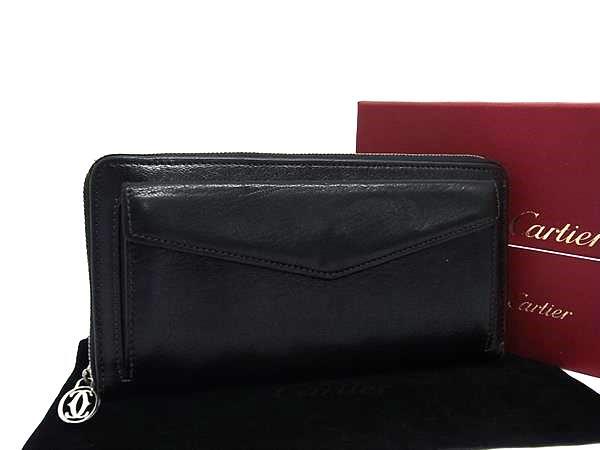 ◆カルティエ Cartier カボションライン 長財布 札入れ 二つ折り メンズ ブラック×シルバー金具 L3000583 (v0049178300) old Cartier 長財布 ボルドー レザー アンティークブランド