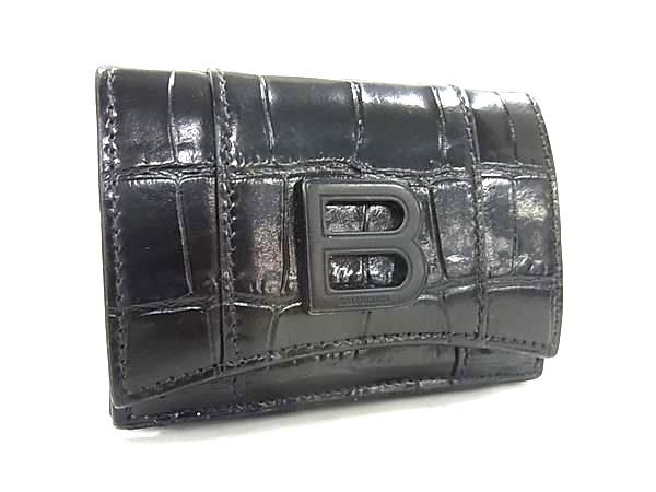 BALENCIAGA バレンシアガ 財布 アワーグラス 600212 ブラック クロコダイル型押しレザー ユニセックス Bロゴ 三つ折り 財布 美品【本物保証】