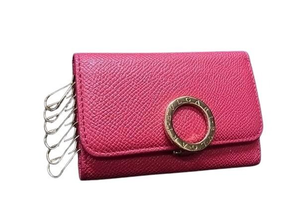 BVLGARI ブルガリ キーケース ブルガリブルガリ ピンク系 グレインカーフレザー レディース ロゴクリップ ゴールド金具 美品【本物保証】