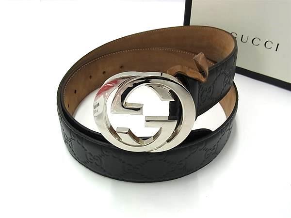GUCCI グッチ ベルト インターロッキングG 411924 ブラック グッチシマ メンズ シルバー金具【本物保証】
