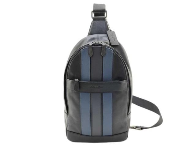 COACH コーチ ボディバッグ F23215 ブラック ブルー系 レザー メンズ ショルダーバッグ 美品【本物保証】