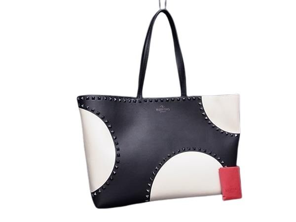 VALENTINO GARAVANI ヴァレンティノ ガラヴァーニ トートバッグ ロックスタッズ ブラック アイボリー レザー レディース 美品【本物保証】