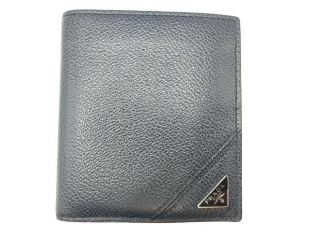 PRADA プラダ 財布 トライアングルロゴ 2MO004 ブラック レザー メンズ 二つ折り財布 三角ロゴ 美品【本物保証】