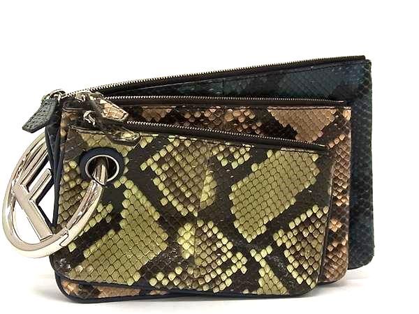 FENDI フェンディ ポーチ トリプレット 8BS001 カーキ系 ブラウン系 ブルー系 パイソン レザー ユニセックス 3連 シルバー金具【本物保証】