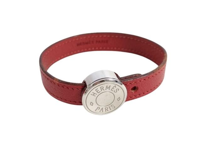 HERMES エルメス ブレスレット セリエ ルーピング レッド系 ブラック系 レザー レディース シルバー金具【本物保証】