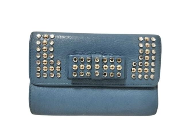 miu miu ミュウミュウ 2つ折財布 マドラス クリスタル 5M1225 ブルー系 レザー レディース スタッズ リボン L字ファスナー シルバー金具 美品【本物保証】 18,432円