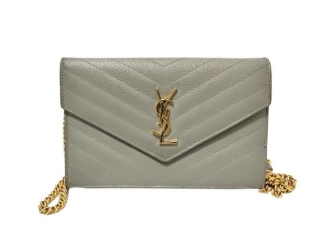 YVES SAINT LAURENT イヴサンローラン チェーンウォレット カサンドラ 393953 グレー系 レザー レディース Ｖステッチ ゴールド金具【本物保証】