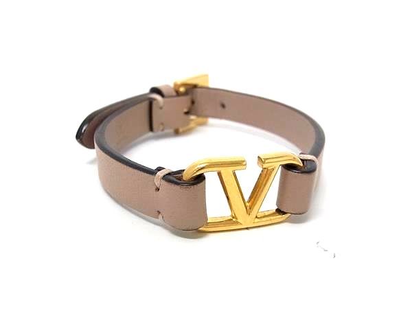VALENTINO ヴァレンティノ ブレスレット Vロゴ ベージュ レザー レディース 美品【本物保証】