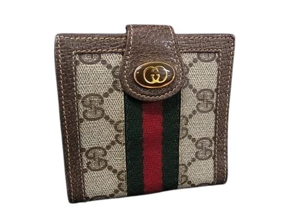 GUCCI グッチ 財布 オールドグッチ アクセサリーコレクション 二つ折り財布 ブラウン系 GGスプリームキャンバス レザー ユニセックス ヴィンテージ シェリーライン アクセコ【本物保証】