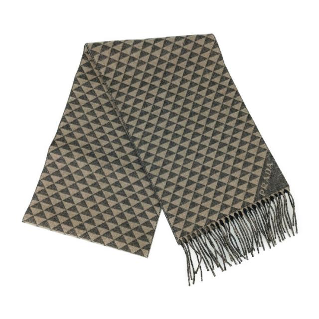 新品未使用展示品 PRADA プラダ マフラー DOUBLE SYMBOLE ダブルシンボル スカーフ 2FS056 ANTRACITE グレー系 NOISETTE ベージュ系  ウール 90% カシミヤ 10% メンズ フリンジ【本物保証】_1