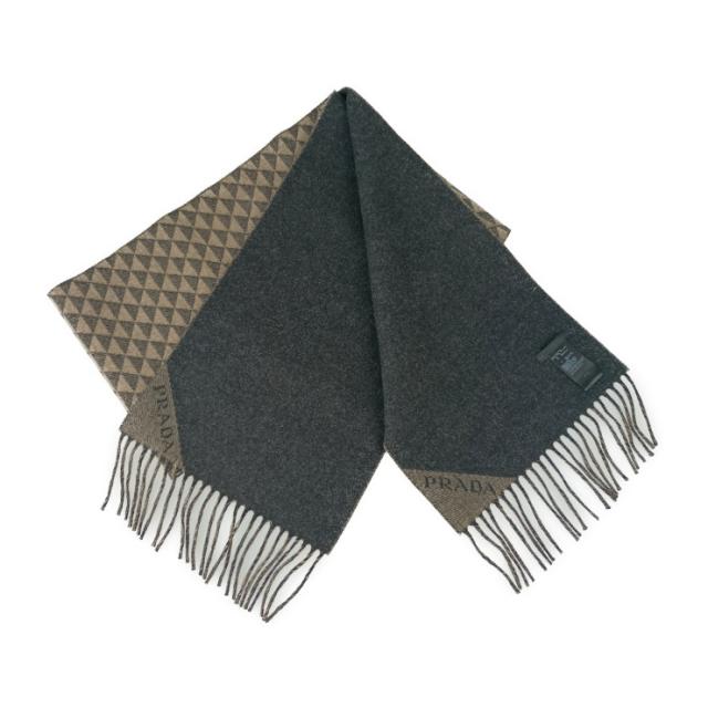 新品未使用展示品 PRADA プラダ マフラー DOUBLE SYMBOLE ダブルシンボル スカーフ 2FS056 ANTRACITE グレー系 NOISETTE ベージュ系  ウール 90% カシミヤ 10% メンズ フリンジ【本物保証】_2