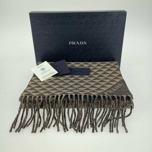 新品未使用展示品 PRADA プラダ マフラー DOUBLE SYMBOLE ダブルシンボル スカーフ 2FS056 ANTRACITE グレー系 NOISETTE ベージュ系  ウール 90% カシミヤ 10% メンズ フリンジ【本物保証】_4