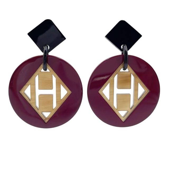 HERMES エルメス ピアス Hモチーフ パープル系 ブラウン系 バッファローホーン ラッカーウッド レディース【本物保証】