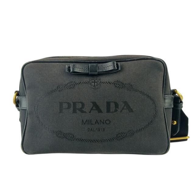 PRADA プラダ クロスボディバッグ ロゴ ジャガード ショルダーバッグ 1BH089 ブラック キャンバス レザー レディース リボン ゴールド金具【本物保証】
