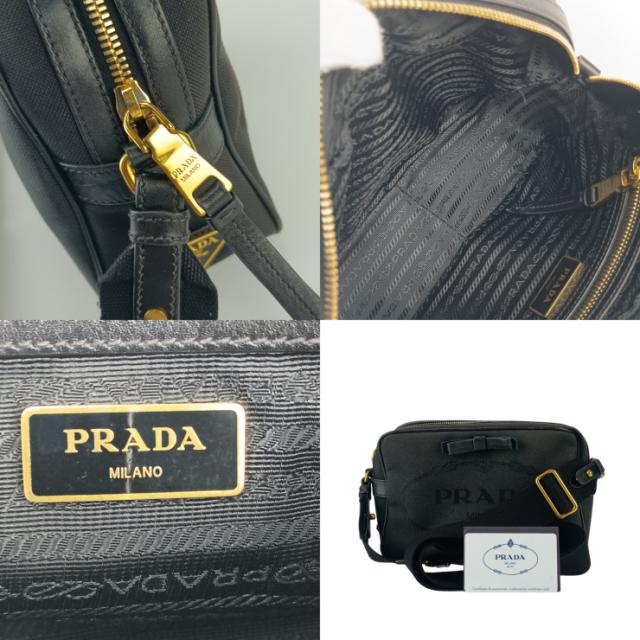 PRADA プラダ クロスボディバッグ ロゴ ジャガード ショルダーバッグ 1BH089 ブラック キャンバス レザー レディース リボン ゴールド金具【本物保証】