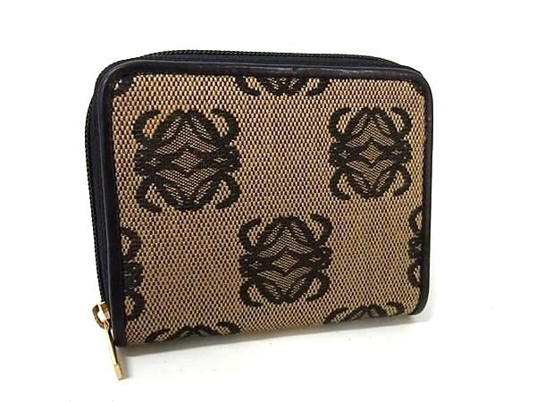 LOEWE ロエベ ケース アナグラム パース ブラウン系 キャンバス レザー レディース ラウンドファスナー ゴールド金具 美品【本物保証】