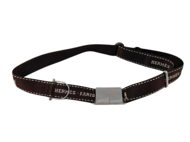 HERMES エルメス ネックレス リボンチョーカー ブラウン シルバー系 キャンバス レディース 美品【本物保証】